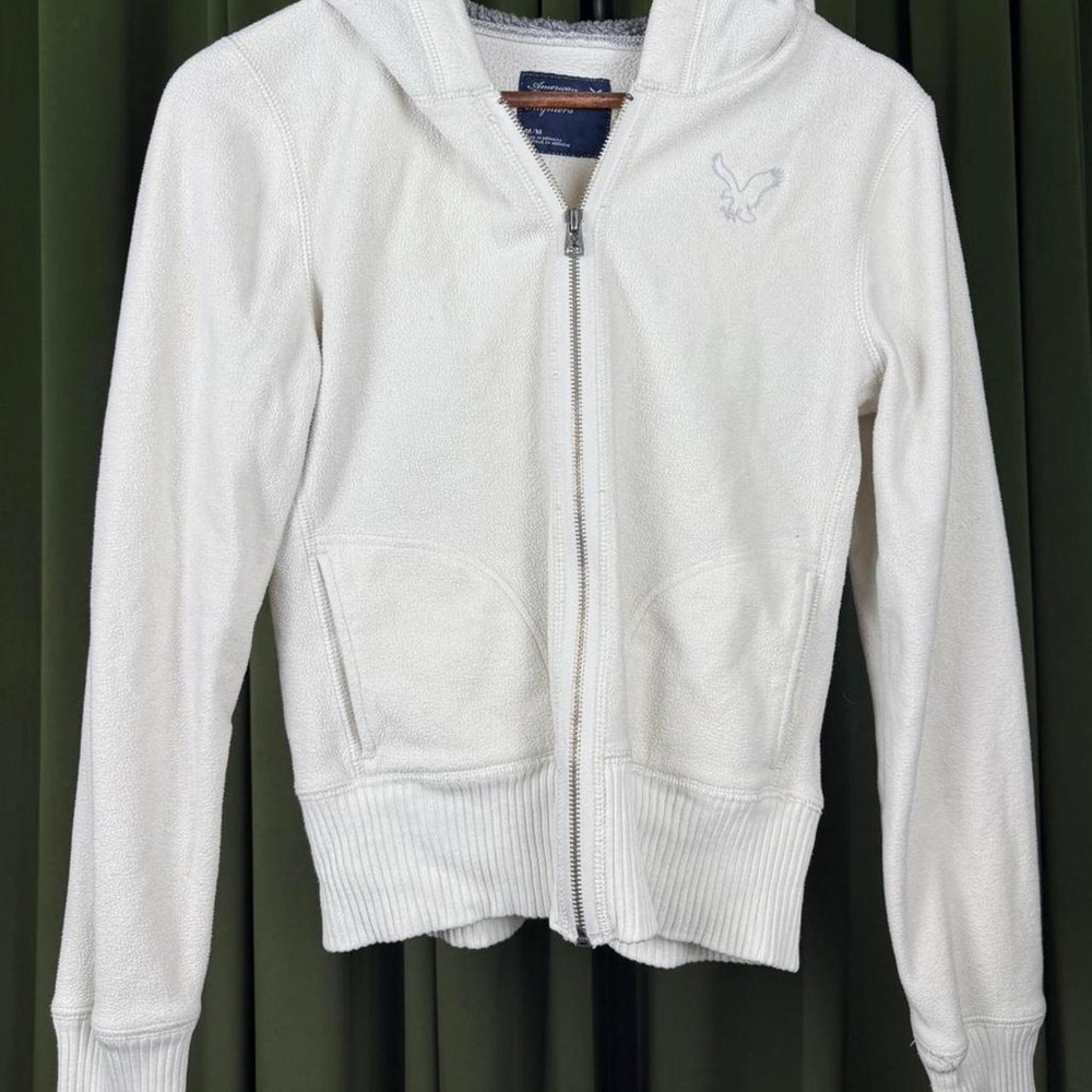 Vintage American Eagle White Zip Up Hoodie Mens Medium Fleece Embroidered Logo